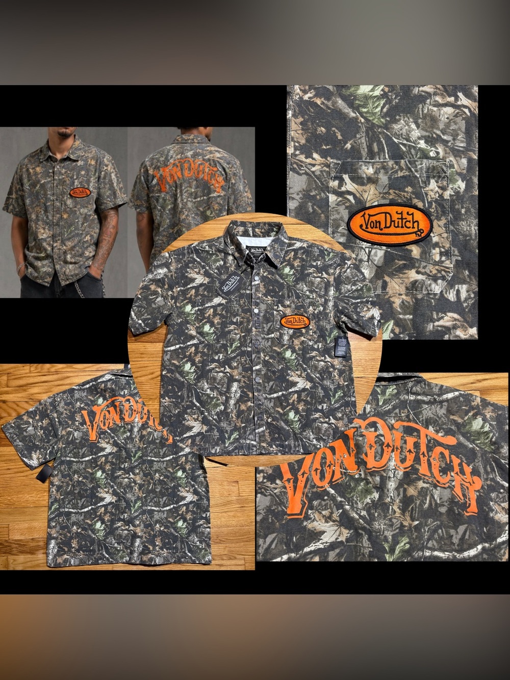 VON DUTCH ORIGINALS Woodland CAMO CANVAS SHORT SLEEVE BUTTON Men’s sz NEW!!